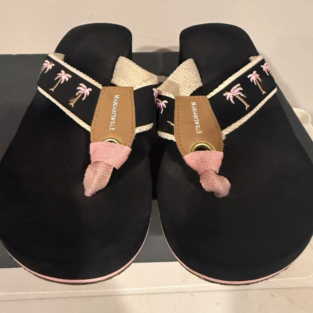 Margaritaville Breezy Wedge Sandals Womens 9 Black Pink Excellent Palm Tree